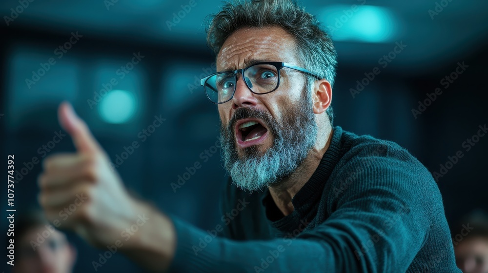 A focused man with a beard and glasses gives a thumbs up, appearing intense and engaged, possibly in an indoor setting filled with blue lighting, conveying approval.
