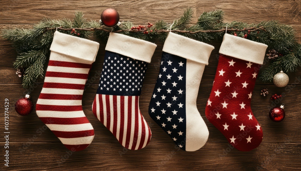 Obraz premium Festive holiday stockings decorated in red, white, and blue, perfect for celebrating Independence Day.