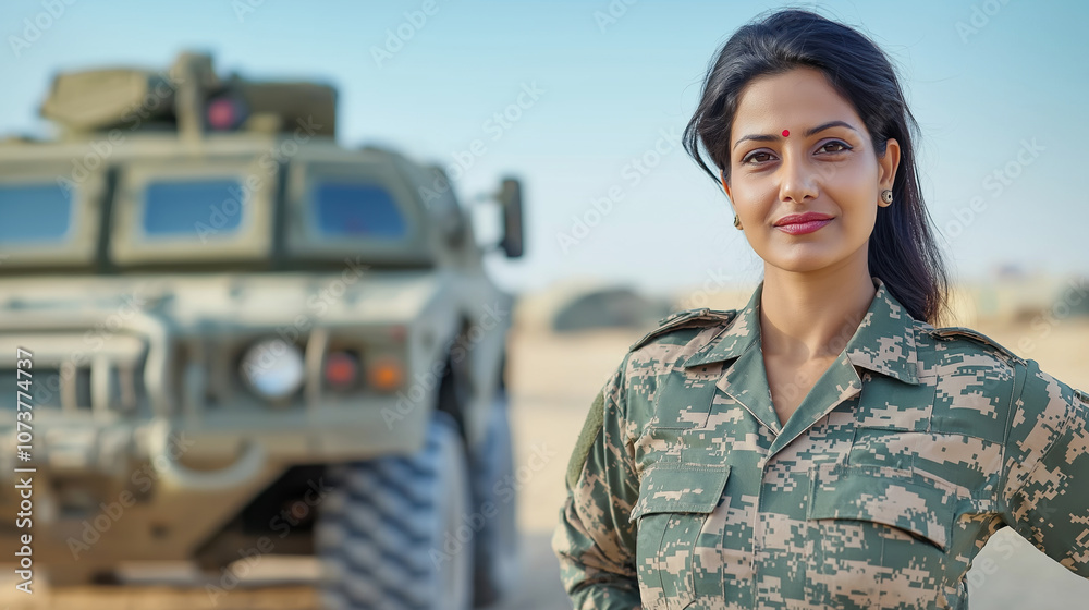 Confident female military officer in camouflage uniform with armored vehicle in desert landscape Confident female military officer in camouflage uniform with armored vehicle in desert landscape