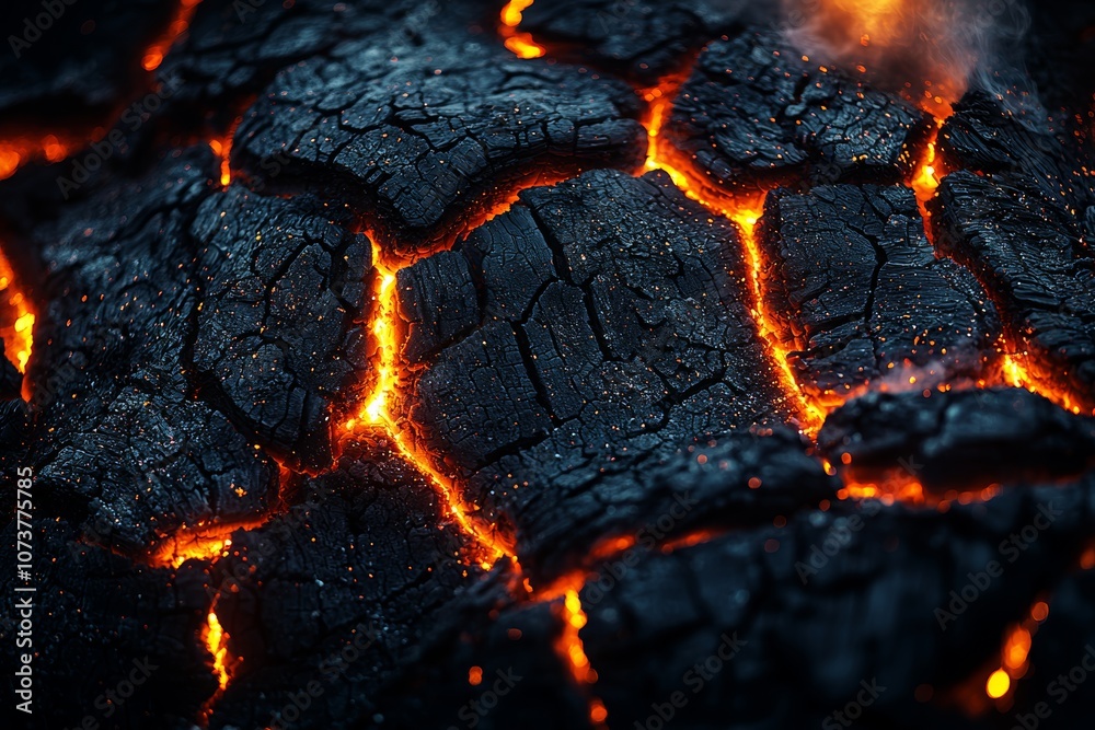 Smoldering lava cracks and hot ashes in a close-up of cooling lava surface