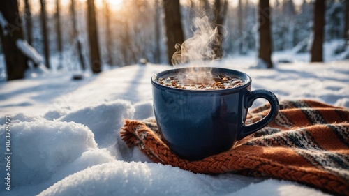 A cozy cup of hot tea resting on the snow, surrounded by winter scenery, steam rising from the warm beverage in a cold environmen photo