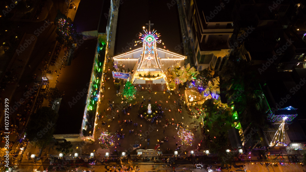 Binh An Church at Christmas Aerial Flycam View with Stunning Festive Lighting Binh An Church at Christmas Aerial Flycam View with Stunning Festive Lighting
