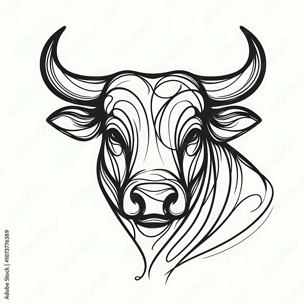 Stylized Black and White Line Art of a Bull's Face with Curved Horns and Flowing Lines
