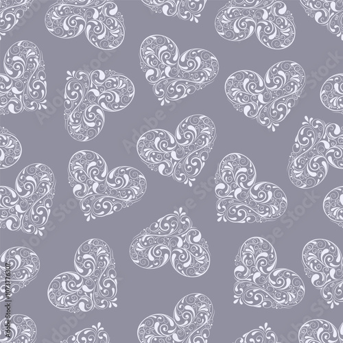 Pattern hearts with vintage swirls, light hearts on a gray background. Valentine's Day. For congratulations, wallpapers, cards.