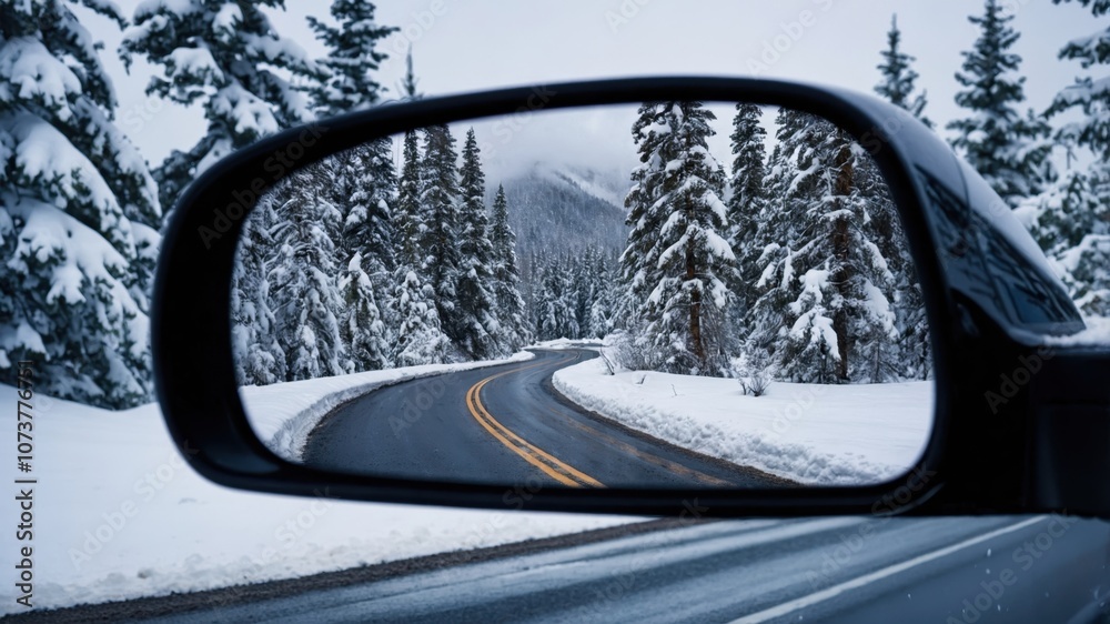 A rear view of a road surrounded by snow and trees, capturing a peaceful winter scene with a sense of solitude and natural beauty A rear view of a road surrounded by snow and trees, capturing a peaceful winter scene with a sense of solitude and natural beauty