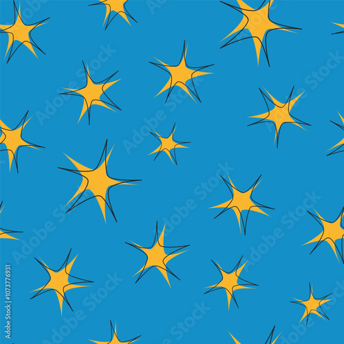 Vintage seamless pattern with 50s and 60s stars with black outlines on blue background