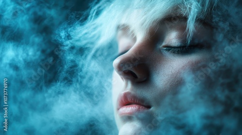 The serene face of a woman is enveloped in a mystical, ethereal blue haze, emphasizing a tranquil and introspective mood that captivates the viewer's attention.