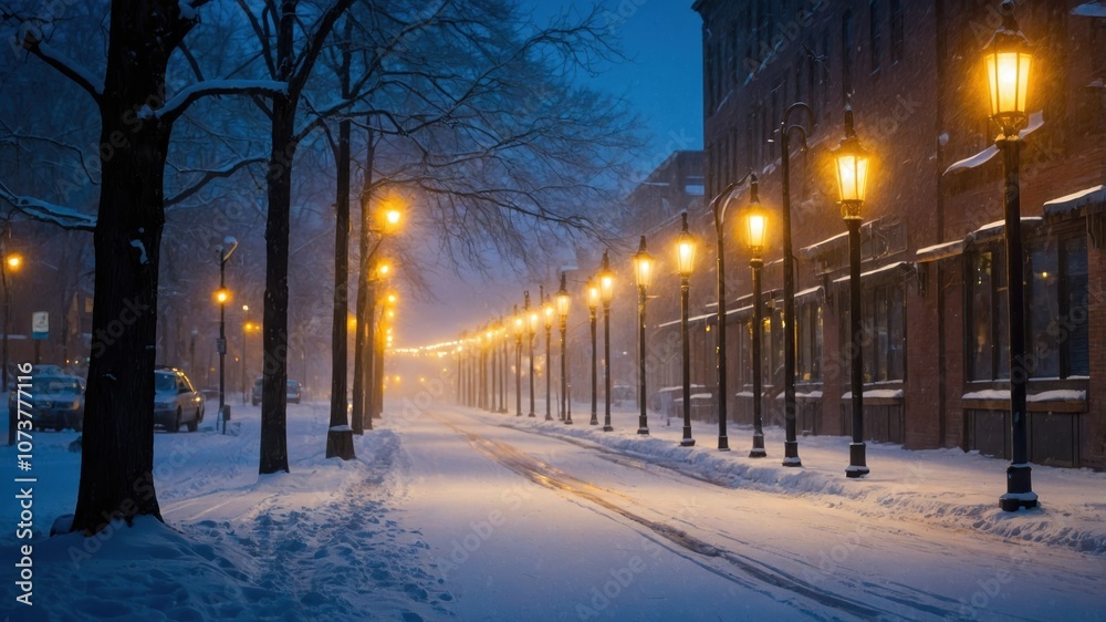A dramatic winter scene featuring a streetlight casting a warm glow on snow-covered streets, with dark skies and a quiet, atmospheric ambiance A dramatic winter scene featuring a streetlight casting a warm glow on snow-covered streets, with dark skies and a quiet, atmospheric ambiance