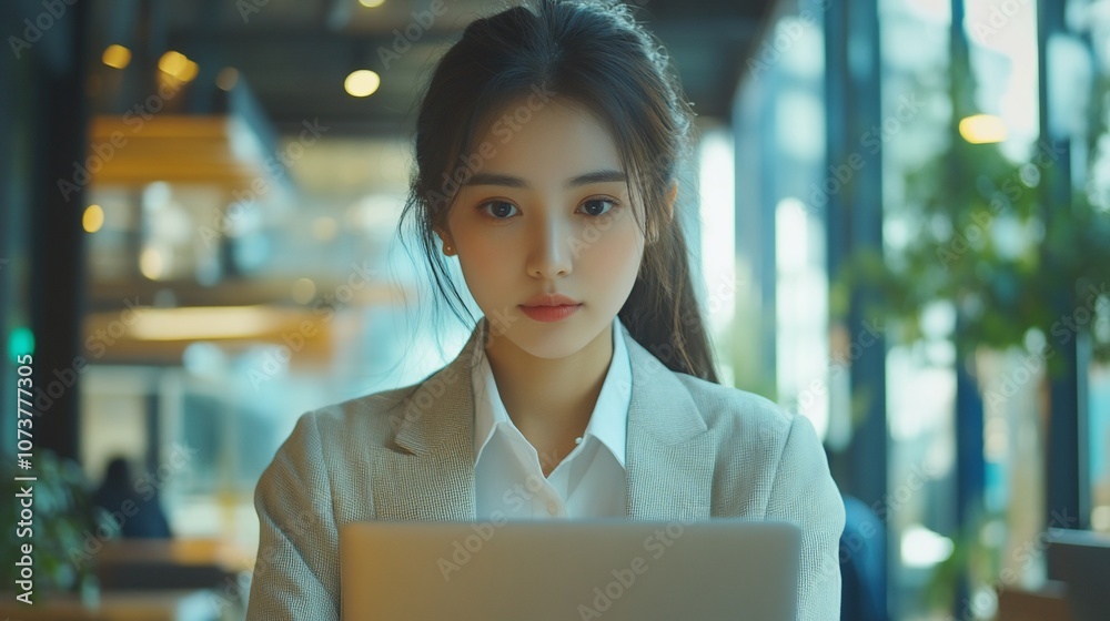 Young woman working on laptop in a cafe. Young woman working on laptop in a cafe.