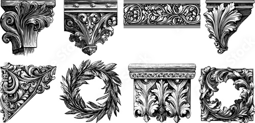 Vector vintage ornament corner and border set. Victorian filigree frame with laurel and floral pattern.