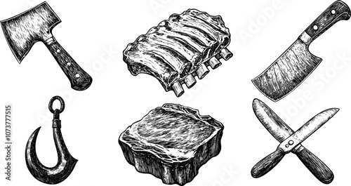Vintage butchery sketch set featuring meat cuts, hooks, cleavers and knives. Handdrawn vector illustration.