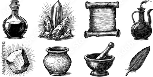 Vintage sketch vector of alchemy set with potion bottles, crystal, philosopher's stone, mortar, quill feather, scroll and pestle.