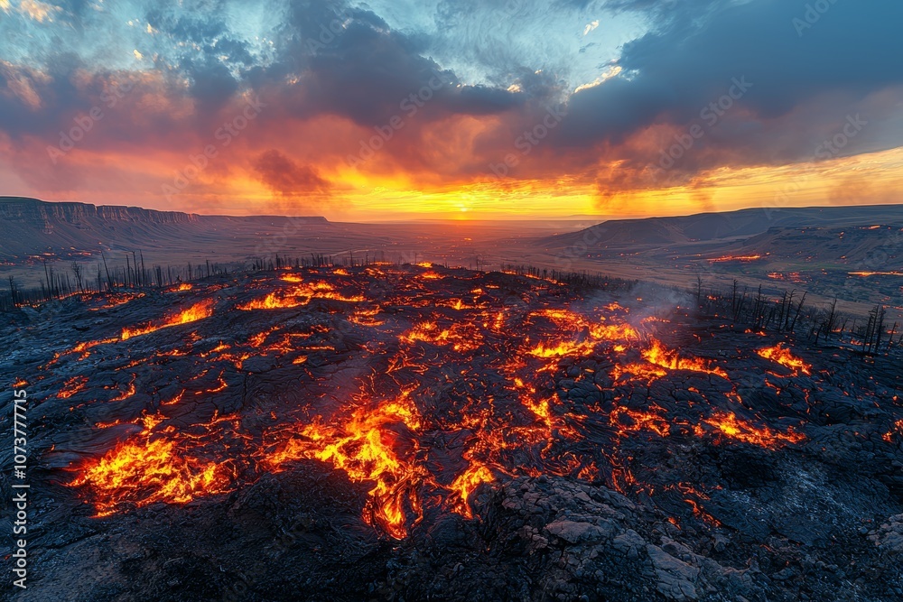 Fiery sunset over mesmerizing lava field with dramatic clouds