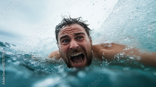 Amidst the ocean's turbulent embrace, a man's face expresses intensity and tension, captured at a moment of visceral human emotion in harsh natural surroundings. photo