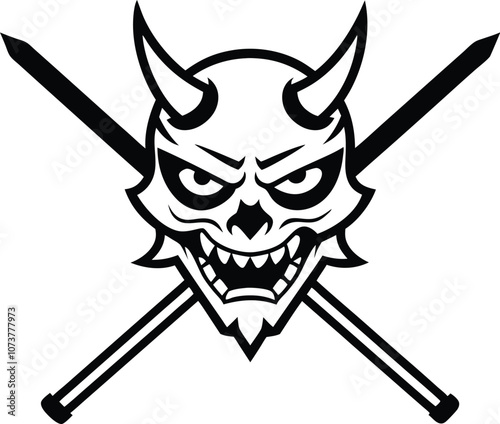 Oni mask and two crossed katana, japanese oni mask vector illustration