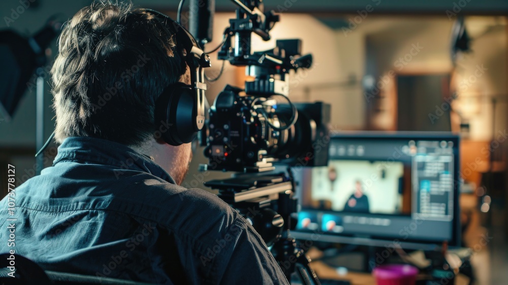 Filmmaker directs video shoot with professional camera setup in studio Filmmaker directs video shoot with professional camera setup in studio