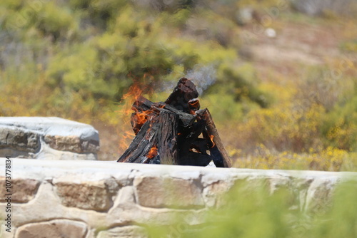 Close up on a contained fire area