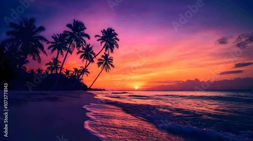 Silhouetted Palm Trees Against Sunset Sky