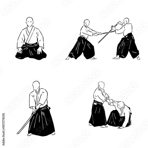 Aikido combat between athletes, stylized vector illustration