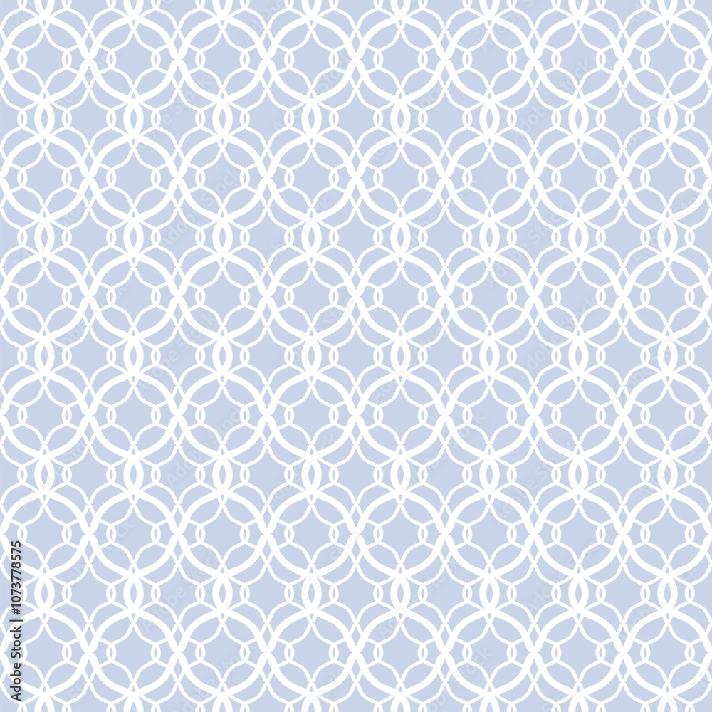 Fototapeta premium Abstract geometric seamless pattern. Light blue and white ornament background. Vector minimal texture with grid, lattice, mesh, lace, grating, fence, net. Subtle oriental pattern. Repeated design