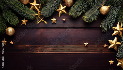  A dark wooden background features golden stars and baubles alongside fir branches, acco_1(45) photo