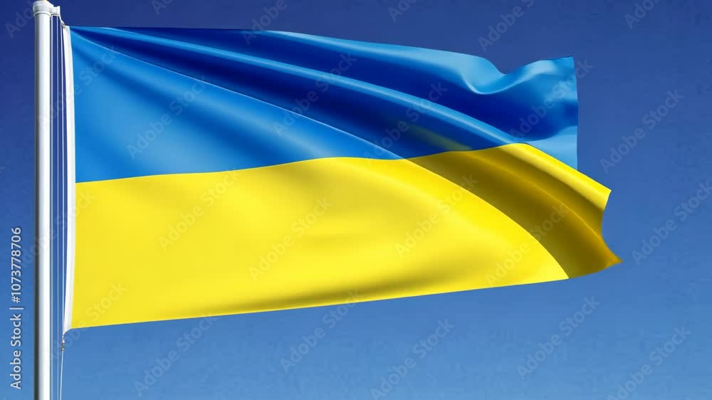 The Ukrainian flag waves proudly against a clear blue sky
