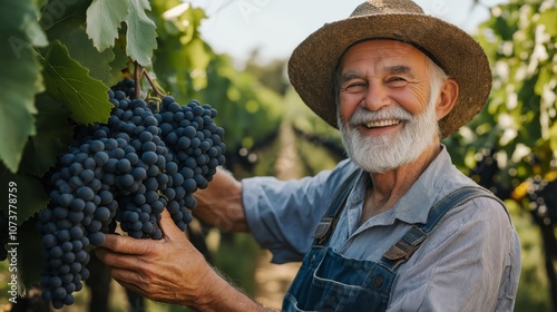 Joyful Elderly Man with Gray Beard in Vineyard Harvesting Grapes for Autumn and Agriculture Themes photo