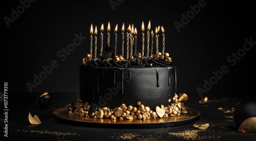 black and gold cake with candles, birthday cake