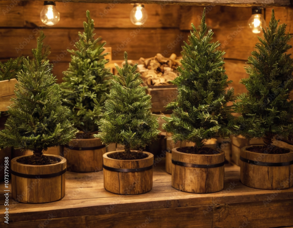 Miniature Christmas trees arranged in rustic wooden boxes on display in a festive market setting. Ideal for holiday decoration themes, seasonal retail, and rustic Christmas concepts.