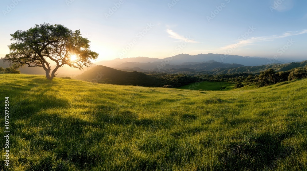 Obraz premium A captivating scene of a sunrise casting a golden glow over a lush green valley, framed by mountains, evoking serenity, hope, and timeless natural beauty.