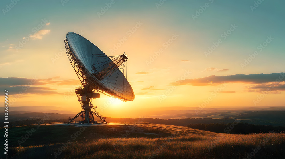 Sunset over a landscape with a giant satellite dish, symbolizing the future of communication technology and connectivity, advanced communication, telecom infrastructure