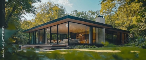 Modern house with large windows and a deck in a lush green forest.