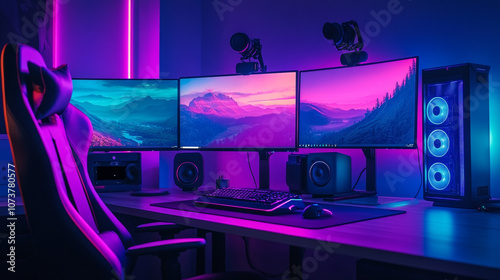 Gaming Setup with RGB Lights  Triple Monitors  and Gaming Chair photo