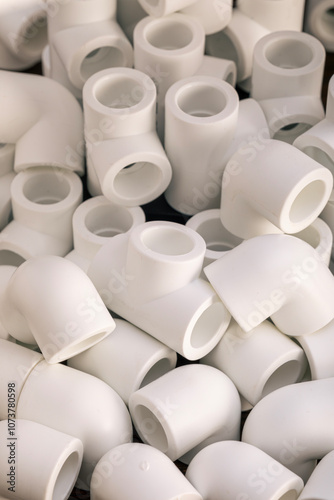 White plastic plumbing pipe fittings in various shapes stacked together. Top view.