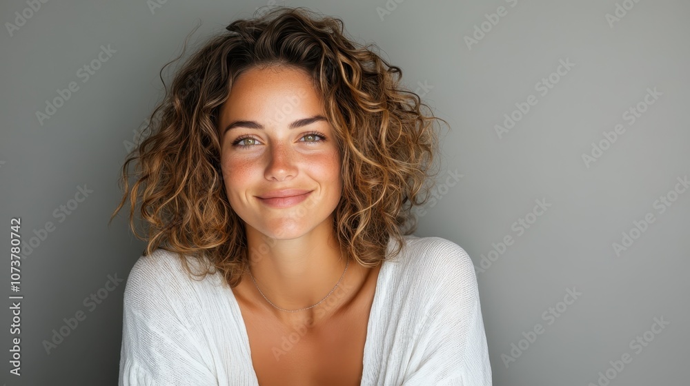 A young woman with curly brown hair smiles warmly, wearing a casual white sweater. The image conveys a sense of warmth, confidence, and natural beauty. A young woman with curly brown hair smiles warmly, wearing a casual white sweater. The image conveys a sense of warmth, confidence, and natural beauty.