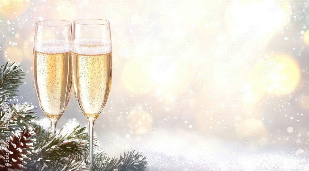 Christmas and happy new year concept. Two glasses of champagne on a festive bokeh background Christmas and happy new year concept. Two glasses of champagne on a festive bokeh background