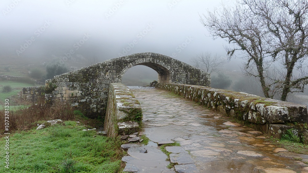 Fototapeta premium Historic Stone Bridge Over Foggy River.
