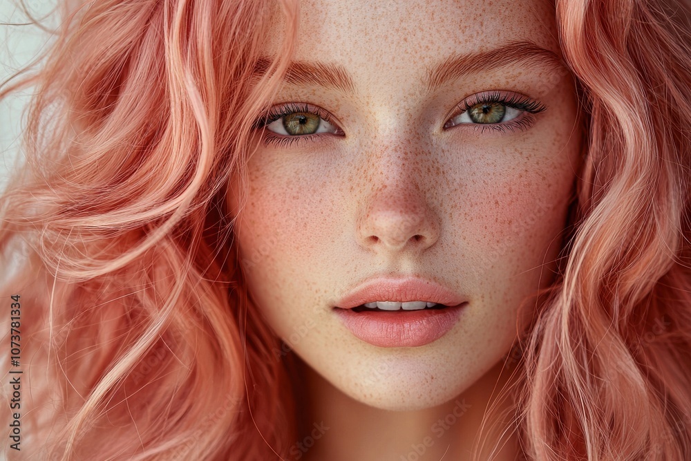 Stunning model with long pink hair and freckled face close-up Stunning model with long pink hair and freckled face close-up