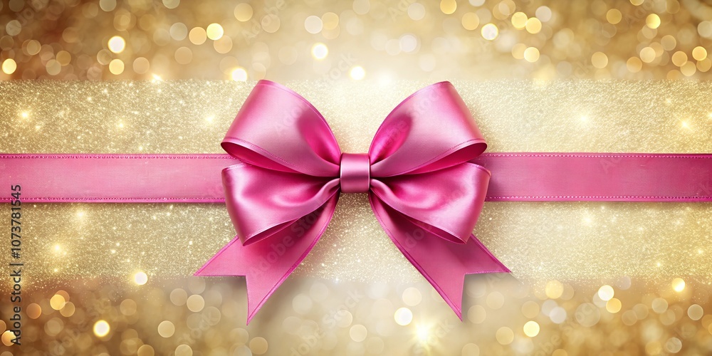 Pink bow and ribbon on a sparkling gold background with bokeh lights, creating a festive, luxurious, and celebratory atmosphere. Pink bow and ribbon on a sparkling gold background with bokeh lights, creating a festive, luxurious, and celebratory atmosphere.