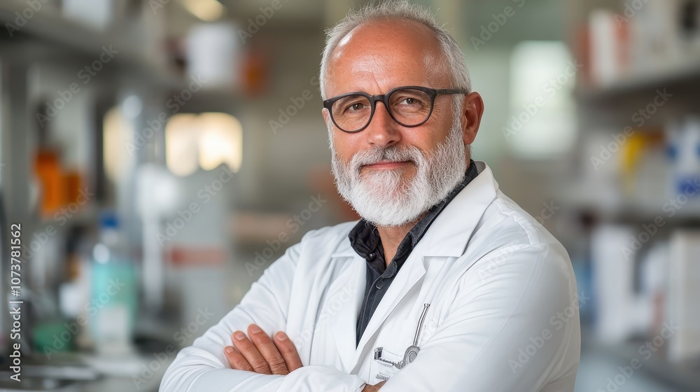 An esteemed scientist with a clean lab coat and glasses poses proudly in a well-kept laboratory, exuding authority, proficiency, and a drive for scientific inquiry. An esteemed scientist with a clean lab coat and glasses poses proudly in a well-kept laboratory, exuding authority, proficiency, and a drive for scientific inquiry.