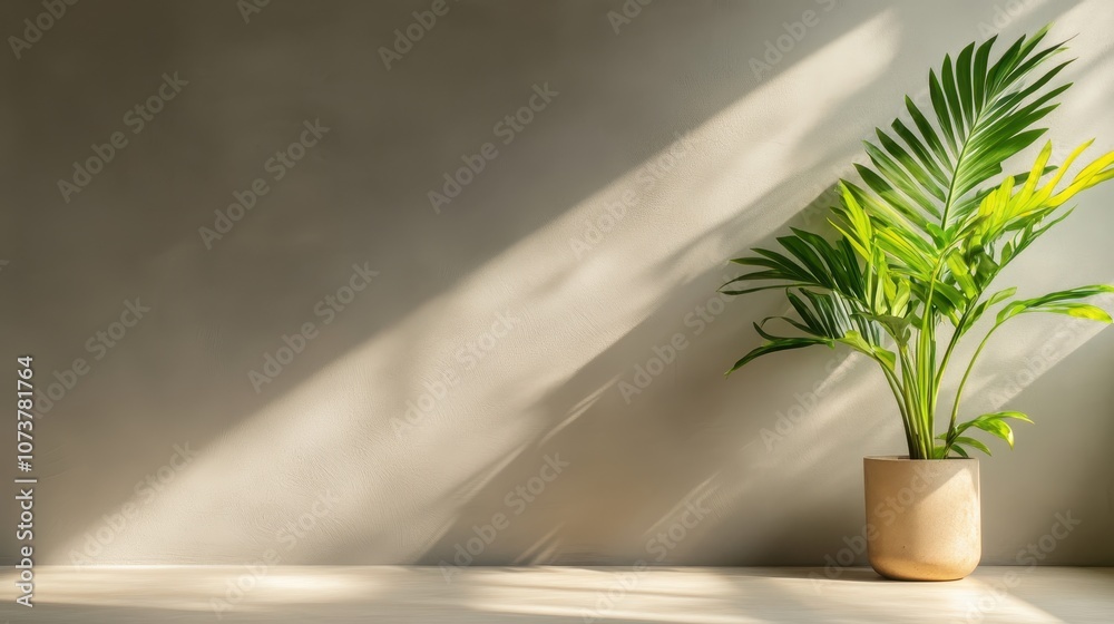 A potted palm plant luxuriates in natural sunlight streaming through a window, skillfully enhancing an indoor space's ambiance and visual depth with a warm touch. A potted palm plant luxuriates in natural sunlight streaming through a window, skillfully enhancing an indoor space's ambiance and visual depth with a warm touch.