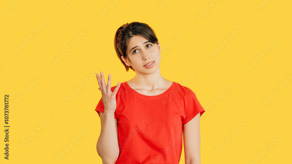 Puzzled woman in a red looks uncertain expressing confused doubt emotion isolated on yellow empty space background. Puzzled woman in a red looks uncertain expressing confused doubt emotion isolated on yellow empty space background.