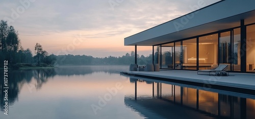 Modern house with large windows overlooking a calm lake at sunset.