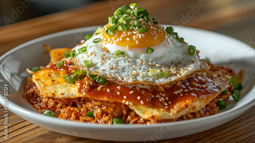 Delicious Kimchi Fried Rice Plated Elegantly with a Fried Egg and Garnishes photo