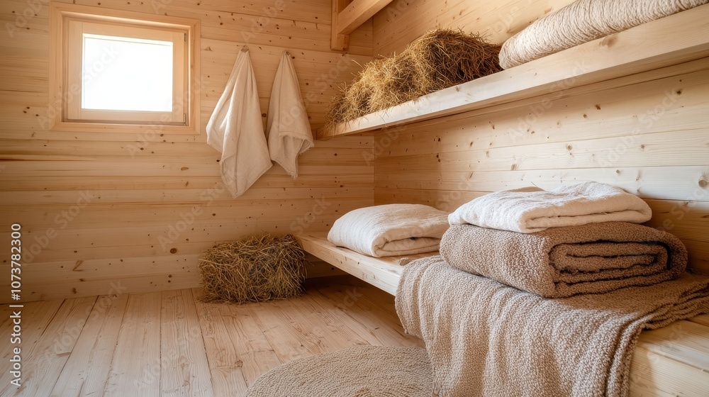 A cozy room with wood paneling and hay stacks alongside neatly arranged towels on shelves gives a warm, rustic vibe, perfect for relaxation and comfort. A cozy room with wood paneling and hay stacks alongside neatly arranged towels on shelves gives a warm, rustic vibe, perfect for relaxation and comfort.