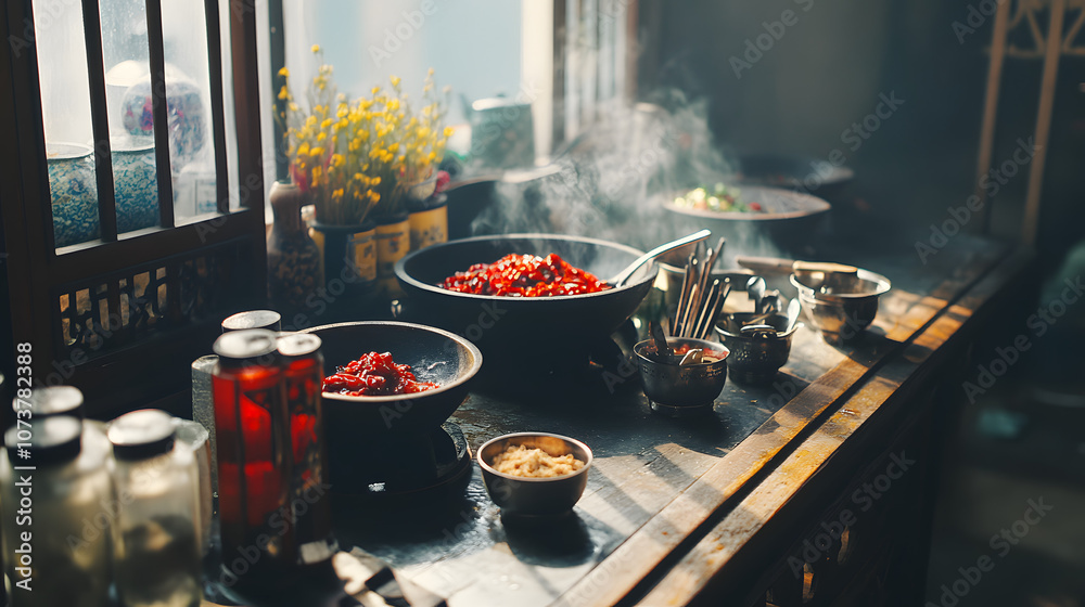 Crafting Authentic Flavors: An Inviting Kitchen Setting Featuring Doubanjiang and Chinese Culinary Essentials Crafting Authentic Flavors: An Inviting Kitchen Setting Featuring Doubanjiang and Chinese Culinary Essentials