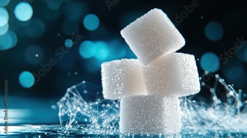 Four sugar cubes stacked in a pyramid on a reflective surface, with blue bokeh lights creating a magical atmosphere, showcasing sweetness and precision in balance. photo