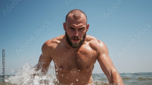 A muscular man with a beard charges fiercely through ocean waves, exuding determination and strength in an energetic action shot against a clear sky backdrop. photo