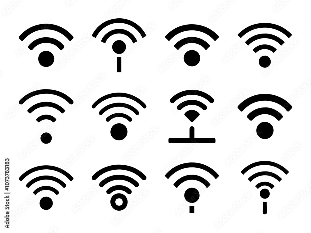 Wi-Fi icon set symbolizing wireless network access. Ideal for remote internet, connectivity, and network-related designs. Simple vector illustrations for apps and business use. Wi-Fi icon set symbolizing wireless network access. Ideal for remote internet, connectivity, and network-related designs. Simple vector illustrations for apps and business use.
