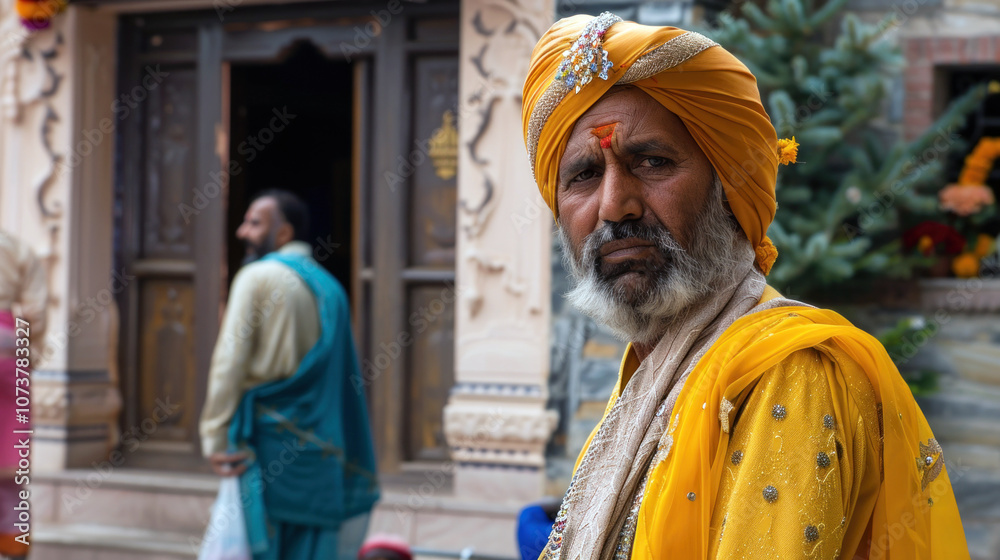 Dressed in bright yellow garments adorned with intricate designs, a man stands in a temple courtyard, showcasing the rich cultural heritage of India Dressed in bright yellow garments adorned with intricate designs, a man stands in a temple courtyard, showcasing the rich cultural heritage of India
